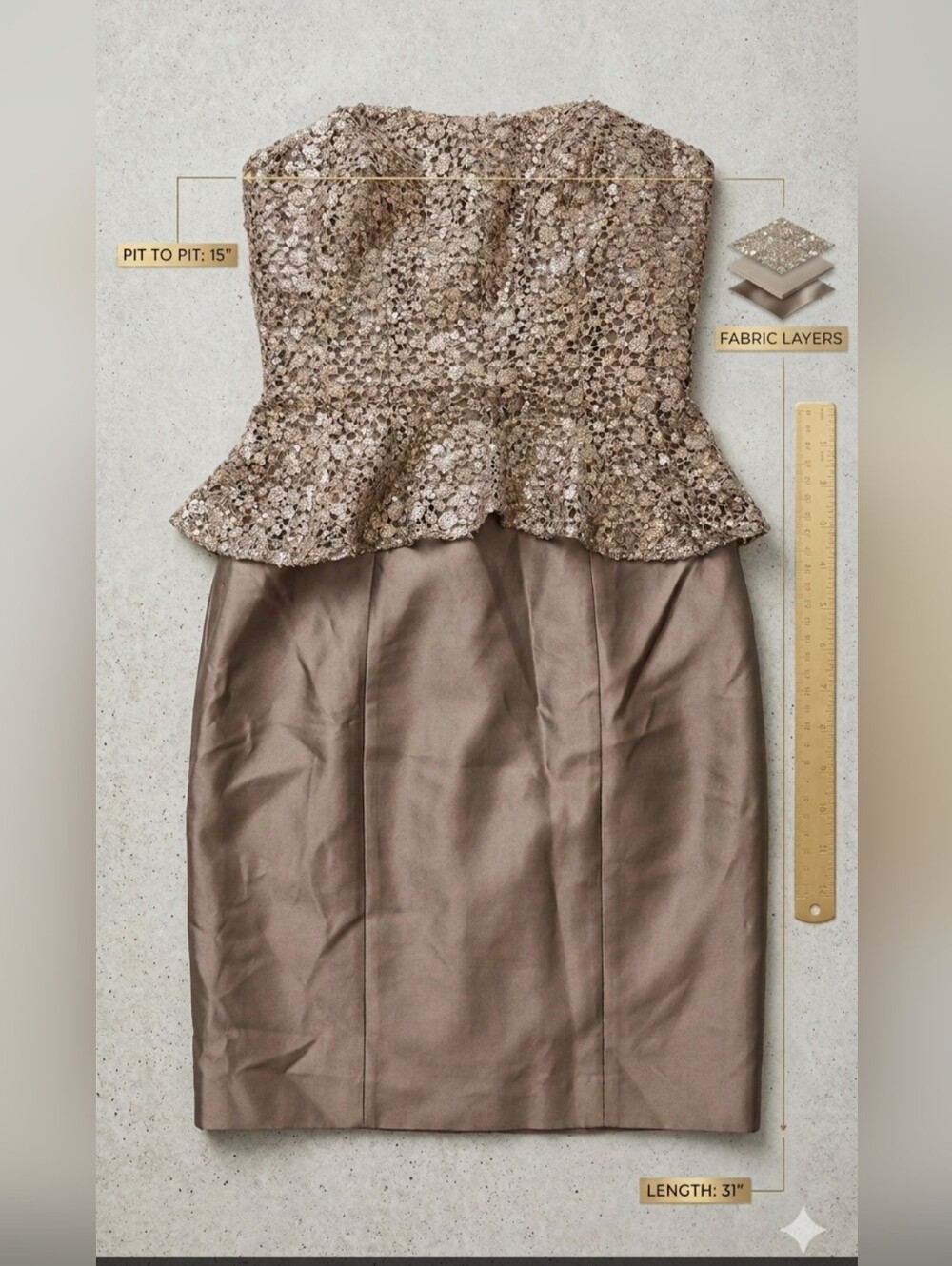 Title: Kay Unger New York Sequin Peplum Dress – Bronze/Taupe Size 4